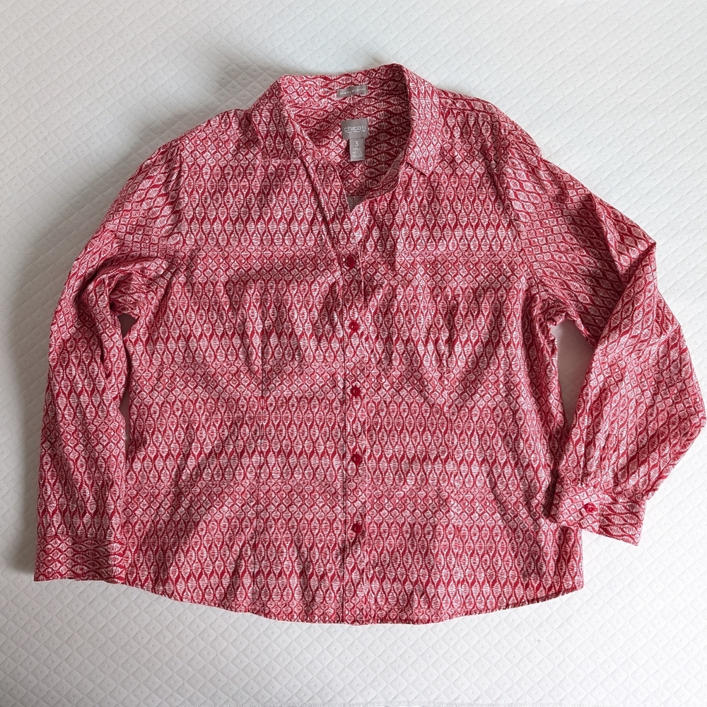 Chico's Scarlet Red Whimsy Mix Lorena Long Sleeve No Iron Button Down Shirt, 3